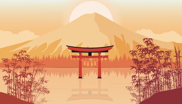 fuji mountain sunset landcscape with torii gate, lake and bamboo trees
