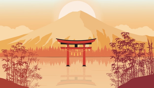 Vector fuji mountain sunset landcscape with torii gate, lake and bamboo trees