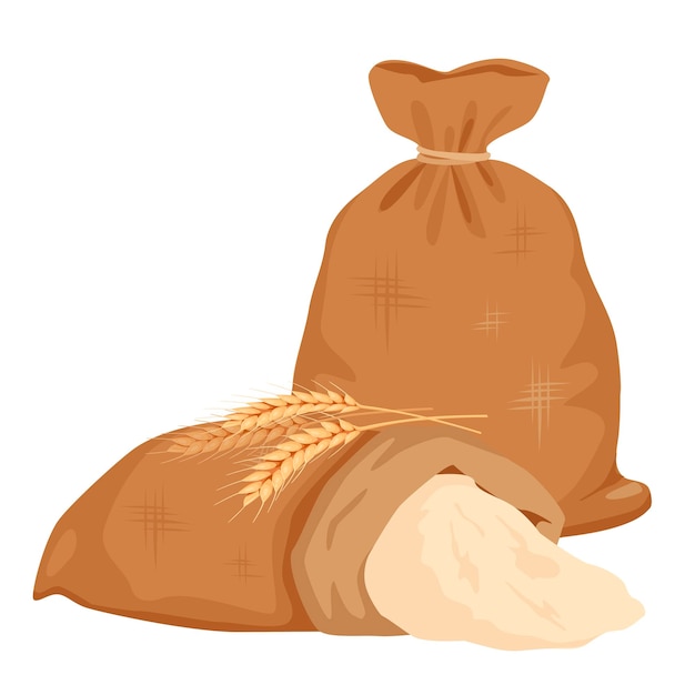Sacchi pieni di farina con spighe di grano. illustrazione vettoriale isolata su sfondo bianco.