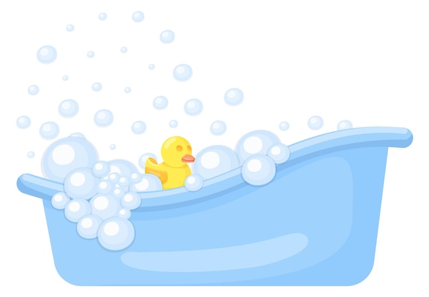 Vector full bathtub of foam with rubber duck cartoon bath icon