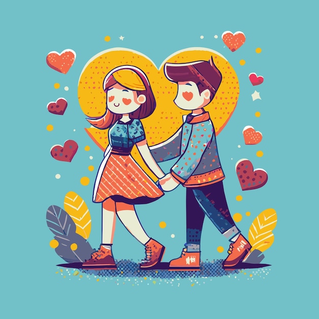 Vector full body cartoon cute couple in valentines day hand drawn engraving simple color cartoon