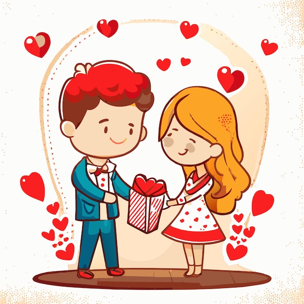 full body cartoon cute couple in valentines day hand drawn engraving simple color cartoon