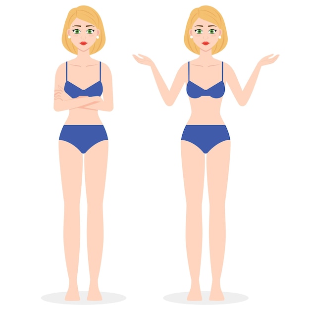 Vector full body cute girl front and back vector women character for animation advirtisign or game paper cut doll blonde in cross hands pose