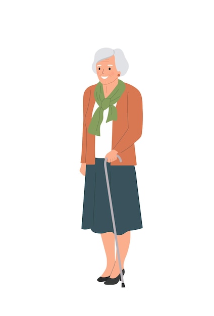 Vector full body elderly woman with walking stick isolated vector flat style illustration