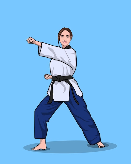 Full body shot of a woman with black belt and kimono practicing karate