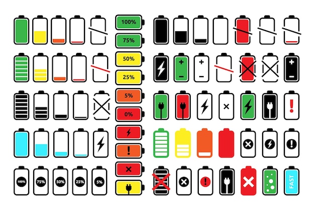 Full charge logo Level up energy status Plug mobile charger Fully smartphone gadgets UI accumulator empty signs Electric power indicator Vector illustration interface icons set