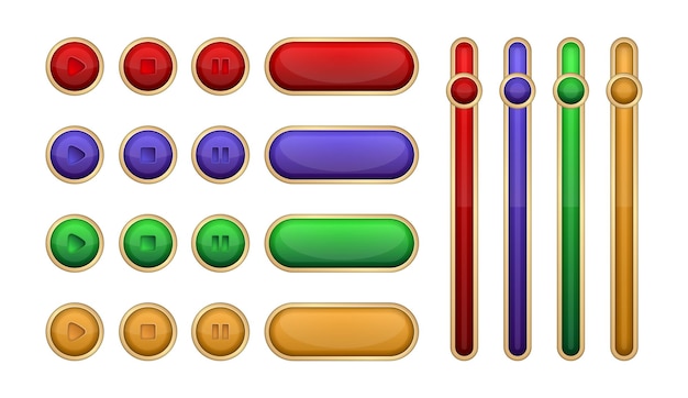 Full color set of game button elements and progressbar bright different forms buttons for games an