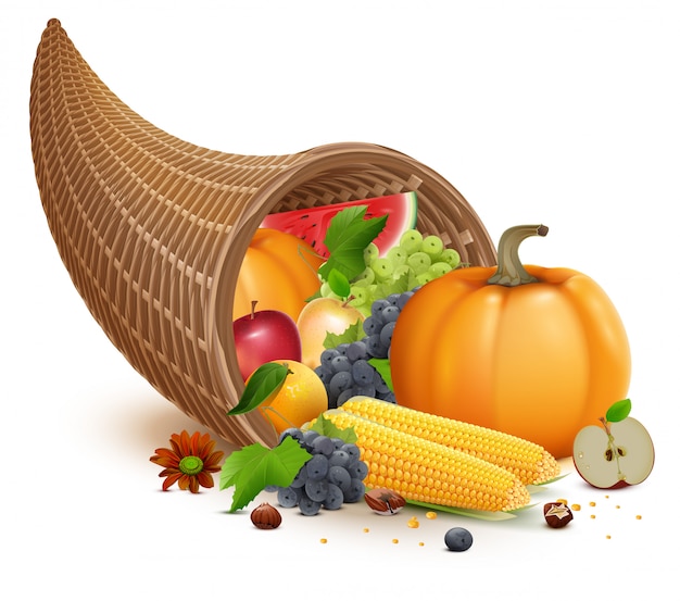 추수 감사절 축제의 날 풍요의 뿔. 호박, 사과, 옥수수, 포도, 수박의 풍부한 수확