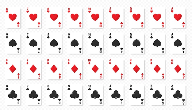 카드 놀이의 전체 갑판 현실적인 카드 놀이 템플릿 심장 Dimond 클럽 스페이드 스위트 카드 도박 게임 카드 벡터 그래픽 Eps 10