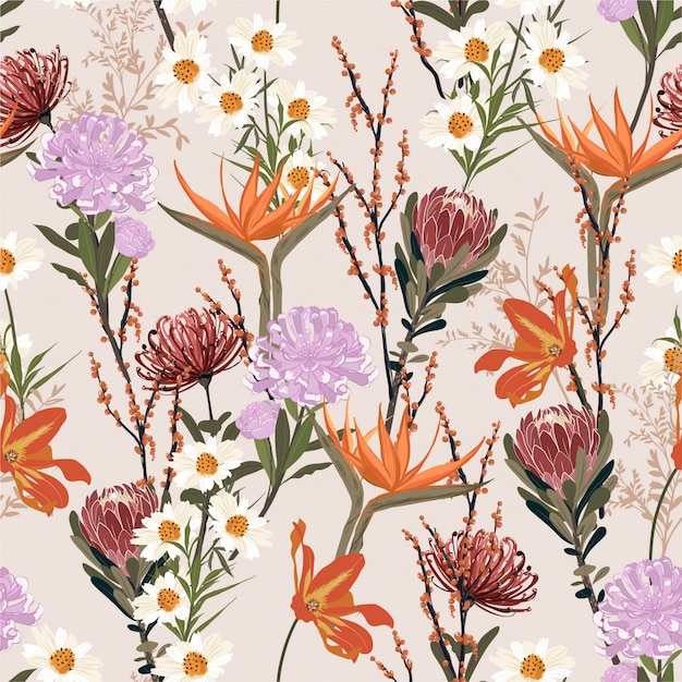 Full of difference kind of blooming garden flower ,botanical and meadow florals sweet mood seamless pattern