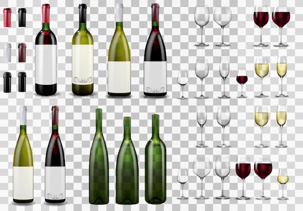 Vettore bicchieri da vino pieni e vuoti bottiglie di vino rosso e bianco tappi e maniche che chiudono la bottiglia con tappo collezione di mockup realistici illustrazione vettoriale