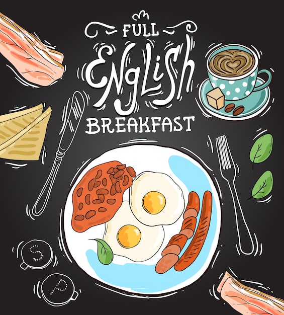 Colazione inglese completa bella illustrazione vettoriale disegnata a mano dell'alimento