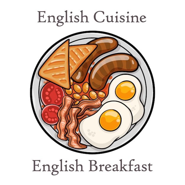 Vettore colazione inglese completa con uova di salsiccia bacon fagioli e funghi