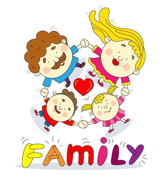 Full family color vector drawing and lettering isolated on white background