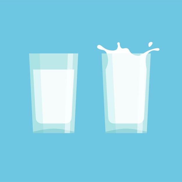 Bicchiere di latte pieno con schizzi. illustrazione vettoriale isolata su sfondo blu.