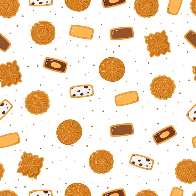 Vector full and half mooncake seamless pattern chinese round pastry eaten during mid autumn festival