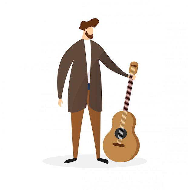 Full Height Bearded Man Holding Acoustic Guitar.