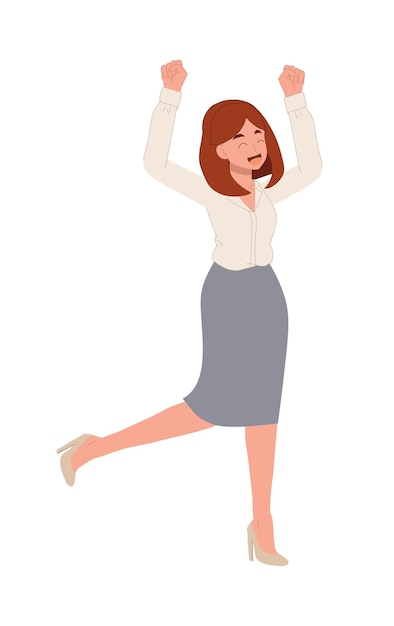 Full Length Businesswoman Winner Success Business Woman Excited Hold Hands Up Raised Arms Flat Vector cartoon Illustration