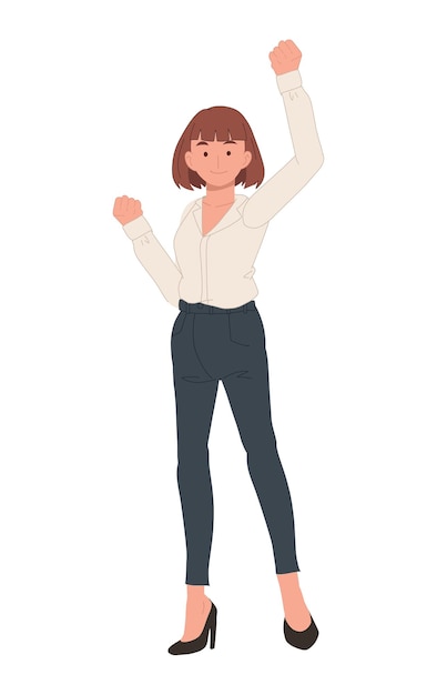 Vector full length businesswoman winner success business woman excited hold hands up raised arms flat vector cartoon illustration