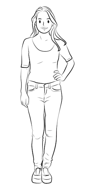 Vector full length casual girl outline cartoon illustration