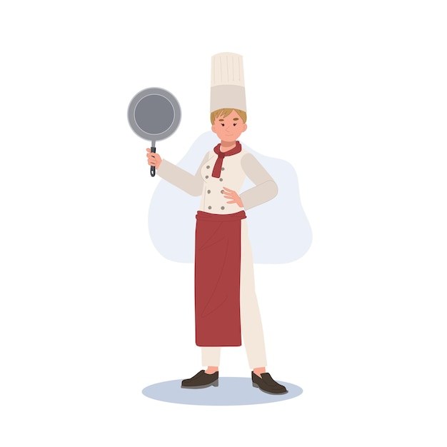 Full length of Confident chef woman holding pan