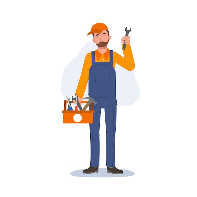 Vector full length of happy repairman with box of toolsprofessional mechanic guy expert service worker flat vector cartoon character illustration