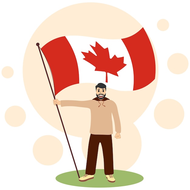 Full-length man holds a large canada flag is fluttering in wind. Human holds banner of state country