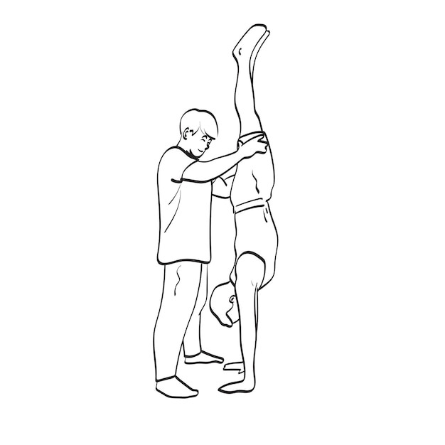 Вектор Полная длина мужского инструктора, помогающего человеку в практике стояния на руках. иллюстрация векторная, нарисованная вручную на белом фоне.