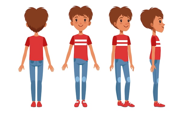 Full Length Portrait of Teenage Boy Character in Fashionable Clothes from Different Sides Front Back and Side View Cartoon Style Vector Illustration