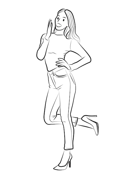 full length sexy young beautiful woman pose line cartoon illustration