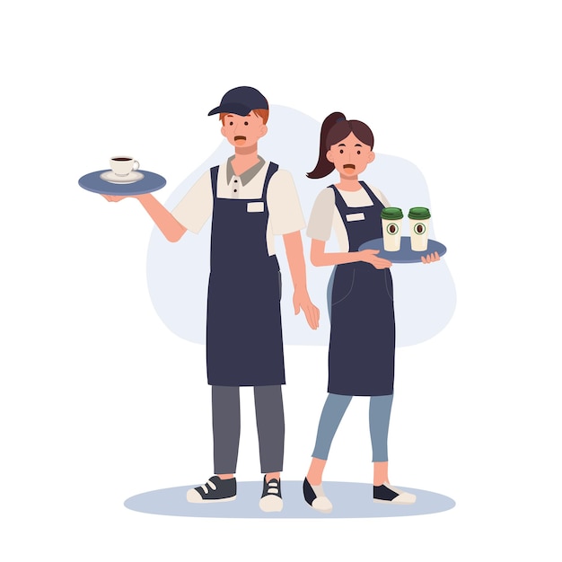 Full length of Waiter and waitress holding a tray with coffee Vector illustration