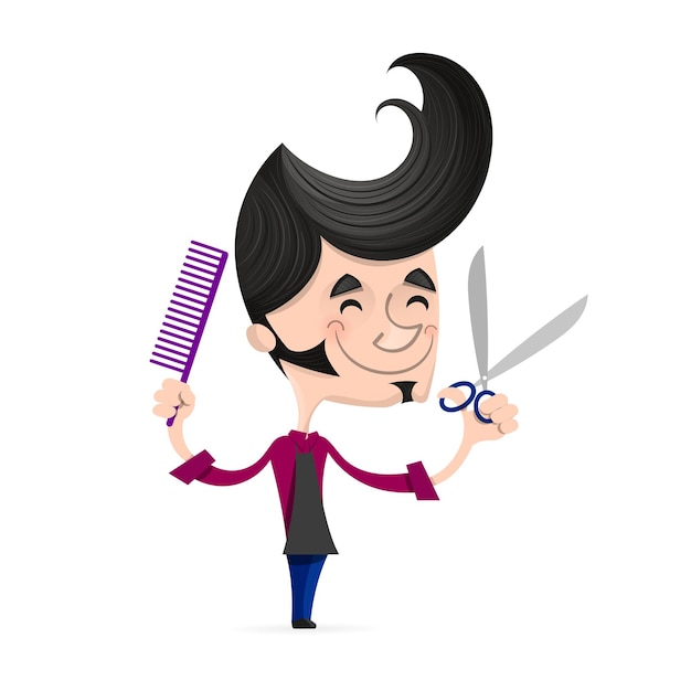 Vector full length of young hipster barber with beard holding comb and scissors in hands on background. professional hairdresser ready to do a haircut.