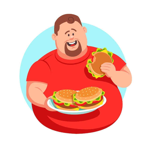 赤いシャツを着てハンバーガーをたくさん食べている男性ベクトルグラフィックス