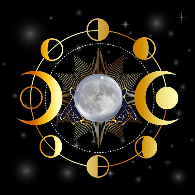 Вектор Полная луна и тройная богиня в руках цыгана или ведьмы