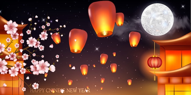 Vector full moon background for traditional of chinese mid autumn festival or lantern festival - . chinese lanterns in the night sky.