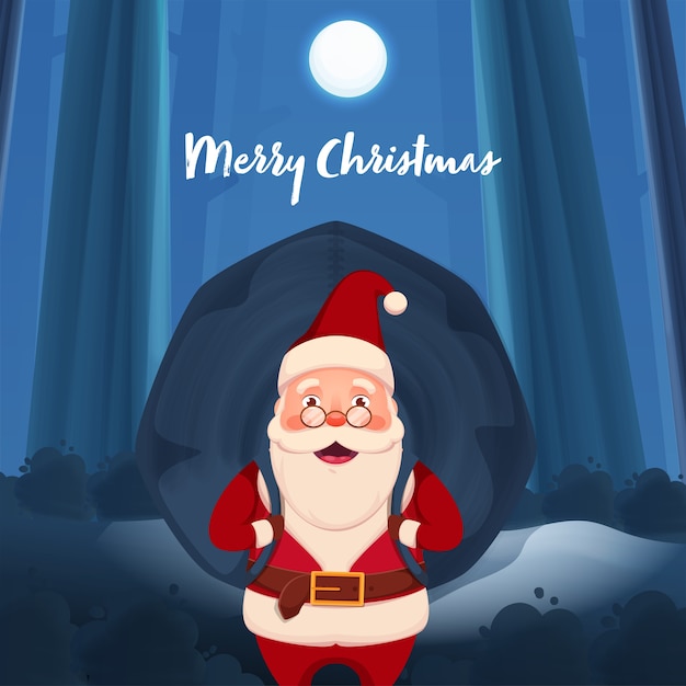 Full moon blue nature background with  santa claus lifting a heavy bag on the occasion of merry christmas.