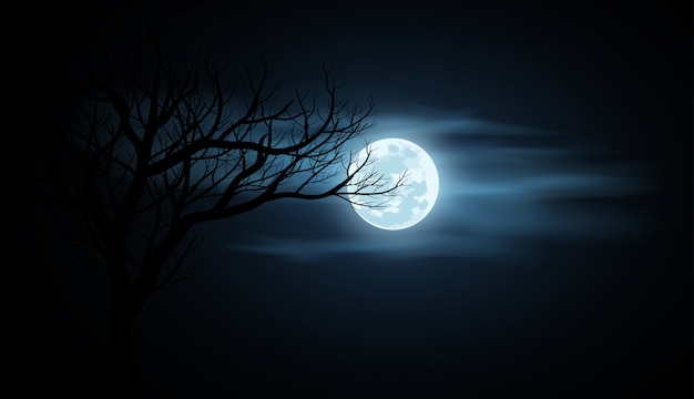 Vector full moon in cloudy night sky