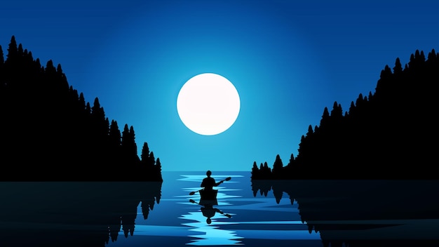 Vector full moon in coast with a man on canoe