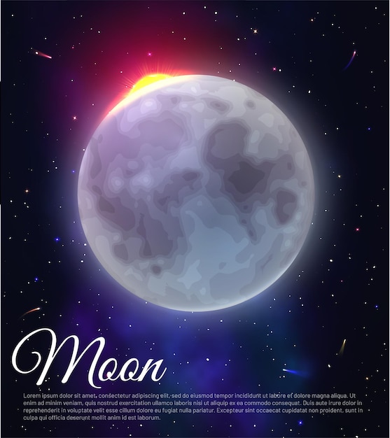 Full moon on dark starry night sky background space background with moonlight and place for text moon banner poster card realistic vector illustration