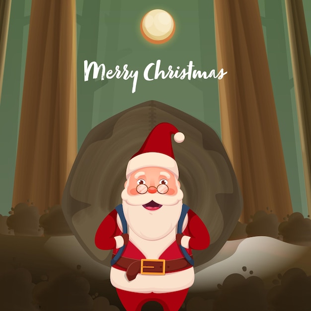 Full moon green nature background with cartoon santa claus lifting a heavy bag on the occasion of merry christmas