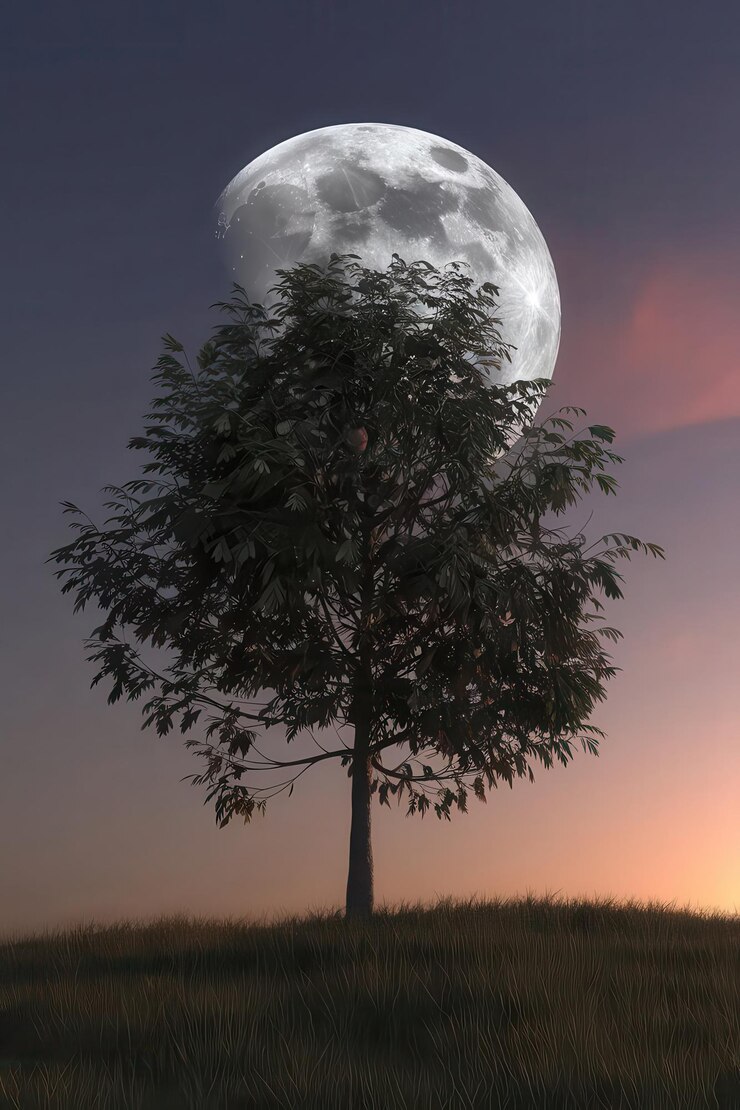 Vector a full moon is seen behind a tree and the moon is a tree