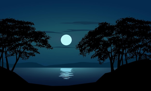 Premium Vector | Full moon over lake vector nighttime landscape