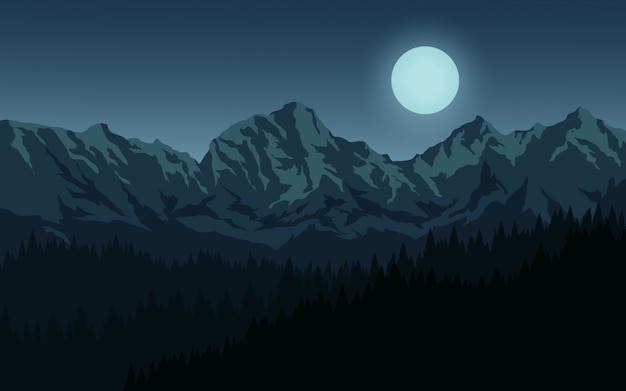 Vector full moon over mountain with pine forest