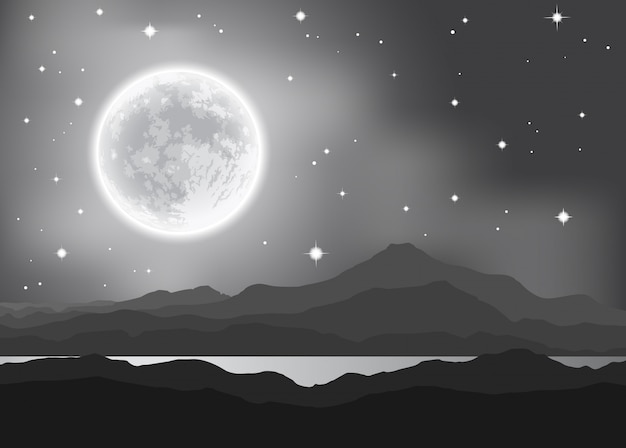 산과 호수 위에 보름달입니다. 밤 풍경. 벡터 일러스트입니다.