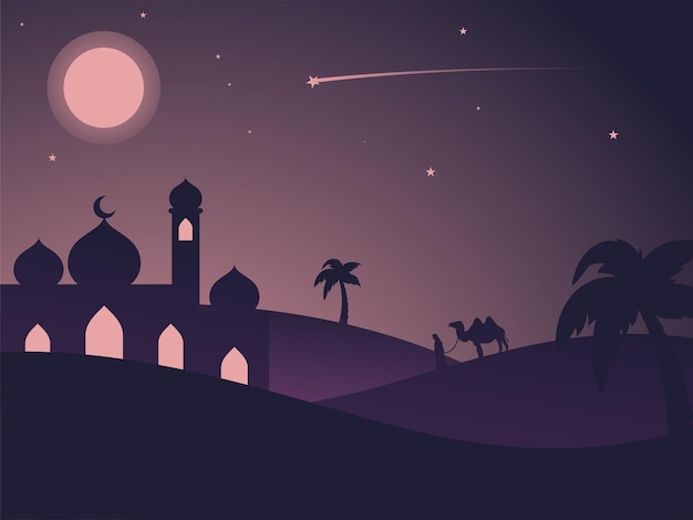 Vector a full moon night mosque on the desert silhouette purple dark color silhouette