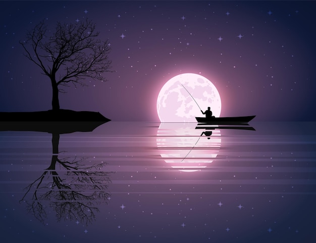 Full moon night in the sky and stars on the background of a calm lake, lagoon and tree, boat