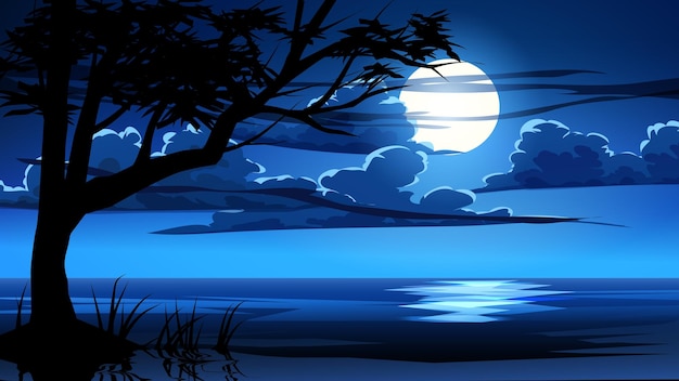 Vector full moon in ocean with cloudy sky and tree silhouette