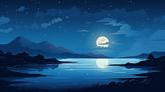 Vector a full moon over the water and mountains