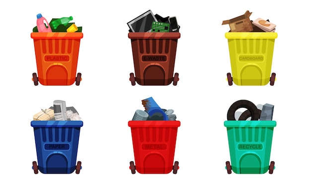 Vettore full recycle bins sorted trash vector illustrated set diversi tipi di spazzatura organic plastic metal paper glass ewaste vector collection of colorful trash bins for educational infographics