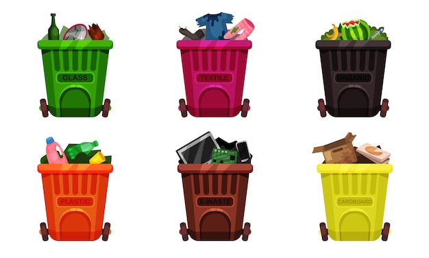Вектор Полные мусорные корзины сортированный мусорный вектор иллюстрированный набор различные типы мусора органический пластик металл бумага стекло вектор отходов коллекция красочных мусорных корзины для образовательной инфографики